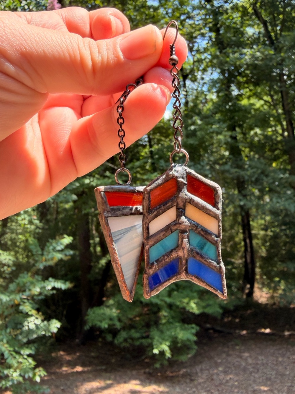 Stained Glass “Bow & Arrow” Earrings HandMade Stainless Hooks 5” Lightweight